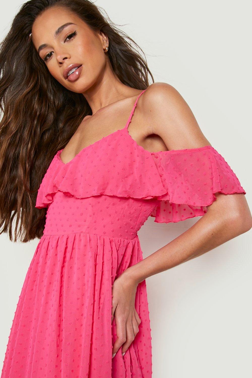 Dobby Cold Shoulder Midi Skater Dress boohoo